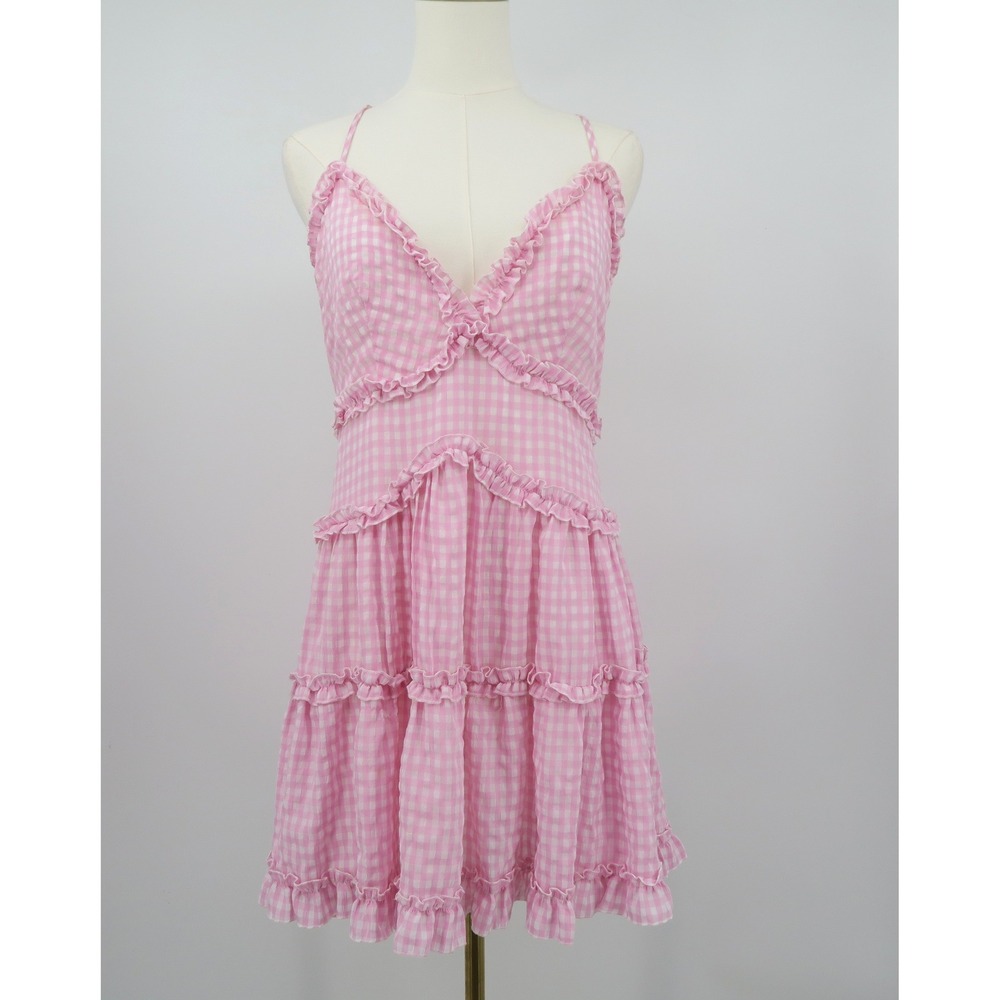 MABLE Pink Gingham Ruffle Tiered Mini Dress Womens Medium NEW